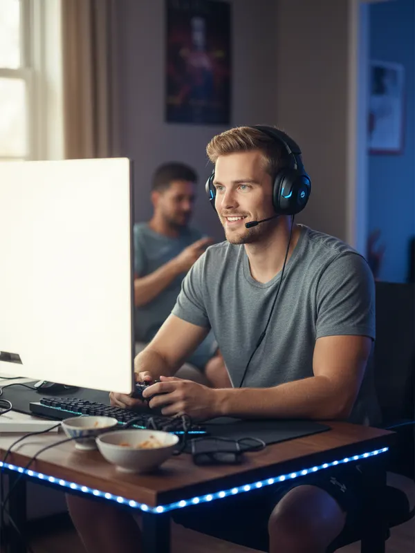 Jack, an AI character, playing video games at his desk with a headset and blue LED lights (AI-generated image)