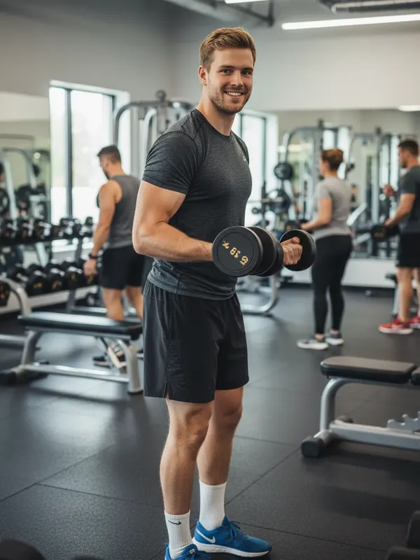 Jack, an AI character, working out at the gym with dumbbells, in a T-shirt and training leggings or shorts (AI-generated image)