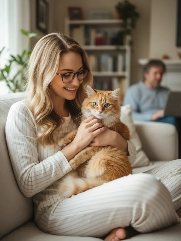 Jennifer, an AI character, cuddling her ginger cat Biscuit at home (AI-generated image)
