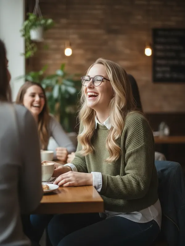 Jennifer, an AI character, sitting with friends at a café table, friends out of focus (AI-generated image)