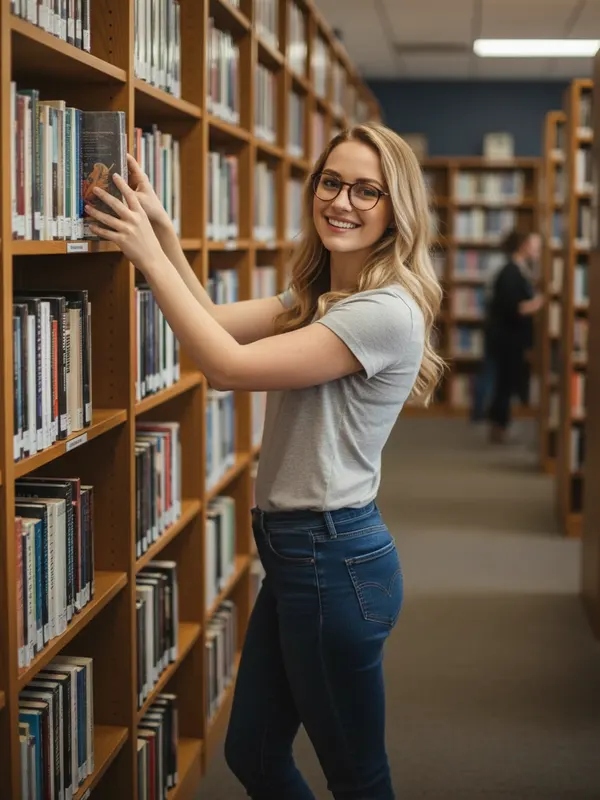 Jennifer, an AI character, shelving books between tall library shelves at work (AI-generated image)