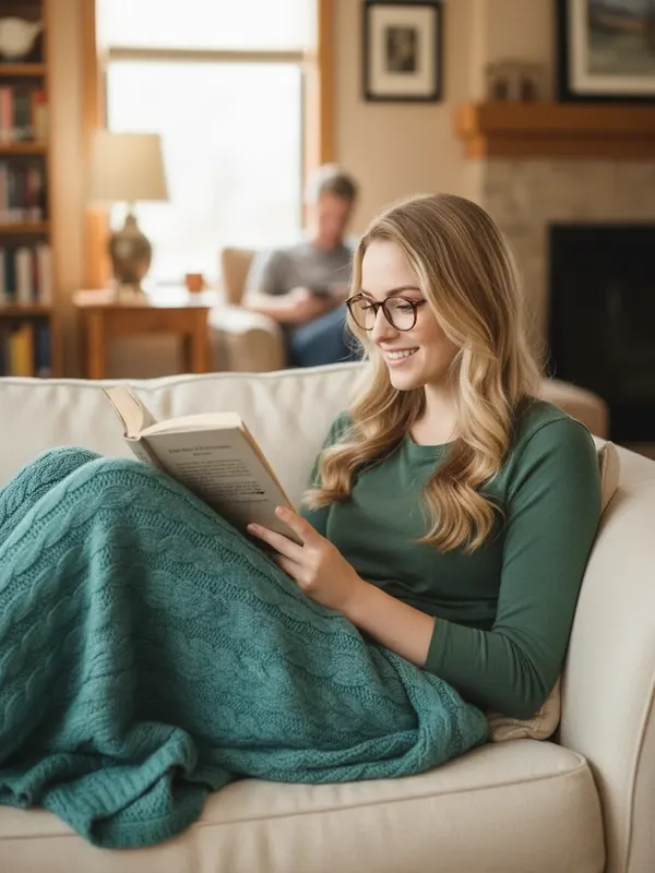 Jennifer, an AI character, curled up on the sofa reading a book with a blanket (AI-generated image)