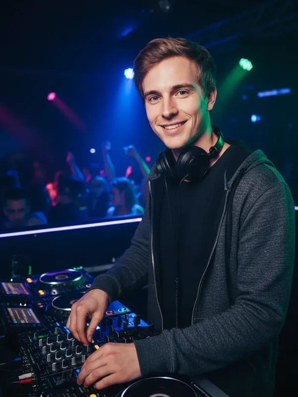 Leo, an AI character, DJing in a club booth with colourful lights (AI-generated image)