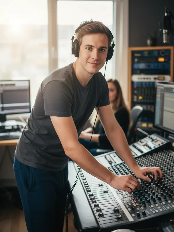 Leo, an AI character, working at a mixing desk in his music studio with headphones on (AI-generated image)