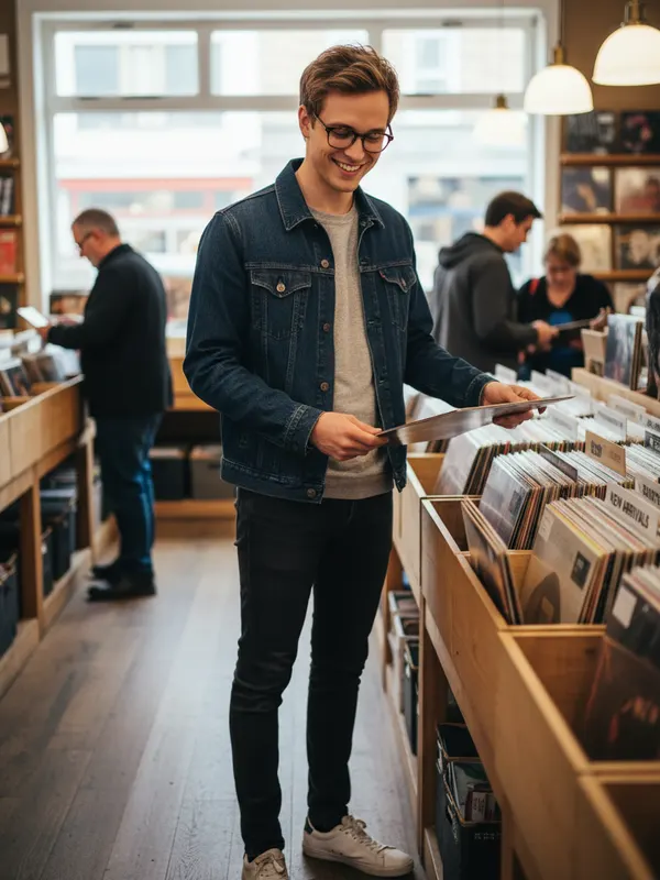 Leo, an AI character, browsing vinyl records in a record shop (AI-generated image)