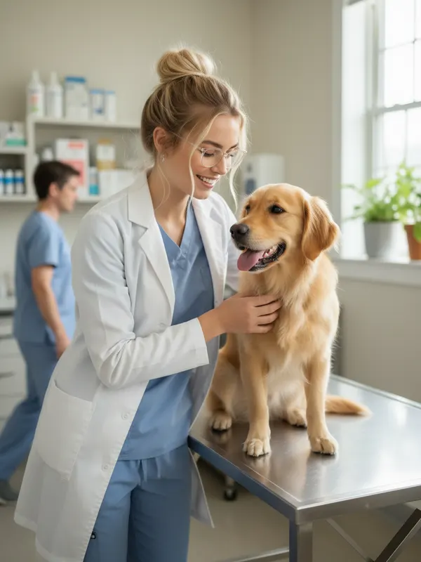 Lily, an AI character, examining a friendly dog on a table at her vet clinic (AI-generated image)