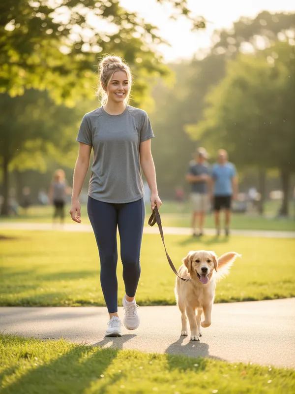 Lily, an AI character, walking her three-legged rescue dog in the park (AI-generated image)