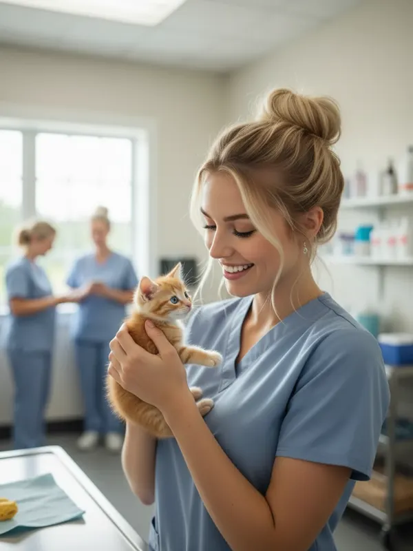 Lily, an AI character, holding a tiny kitten at the vet clinic (AI-generated image)