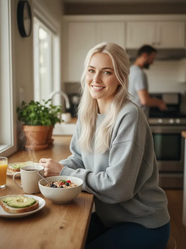 Linda, an AI character, smiling over breakfast at a kitchen counter (AI-generated image)
