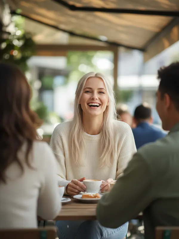 Linda, an AI character, laughing with friends over coffee (AI-generated image)