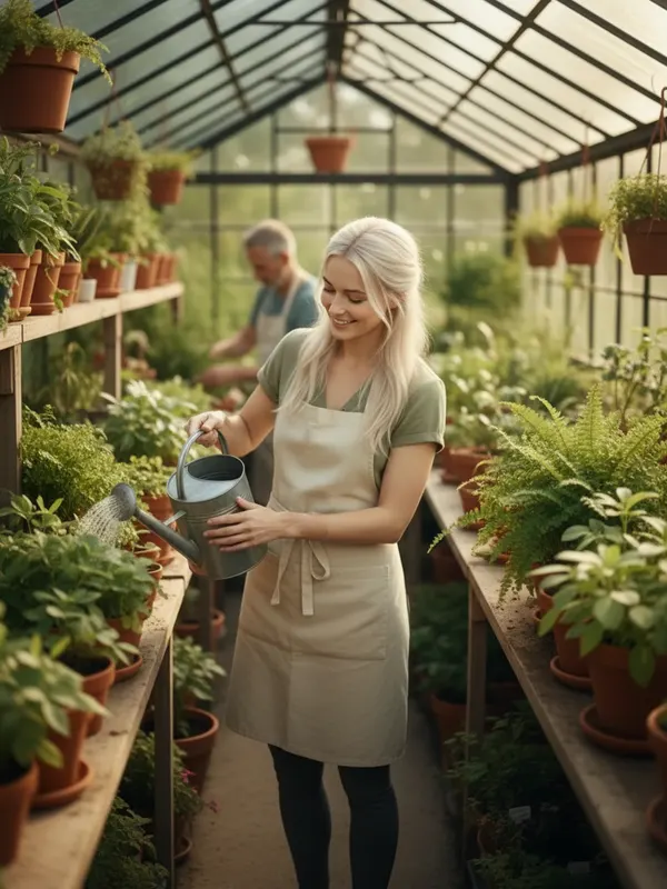 Linda, an AI character, watering plants in her greenhouse garden (AI-generated image)