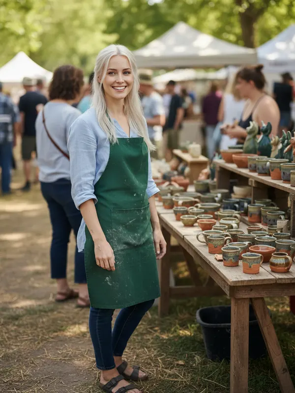 Linda, an AI character, selling her pottery at a weekend craft market stall (AI-generated image)