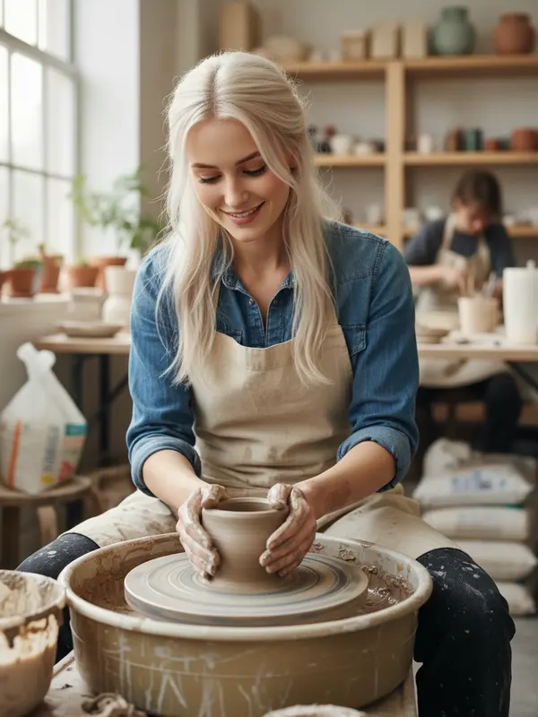 Linda, an AI character, shaping a clay bowl on a pottery wheel in her studio (AI-generated image)