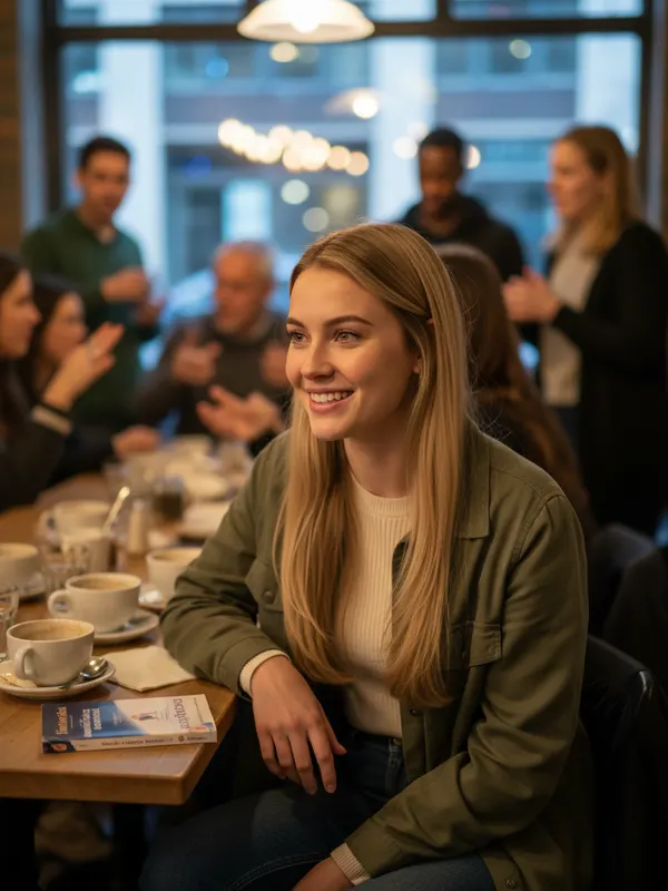 Maya, an AI character, chatting at a busy language-exchange café evening (AI-generated image)