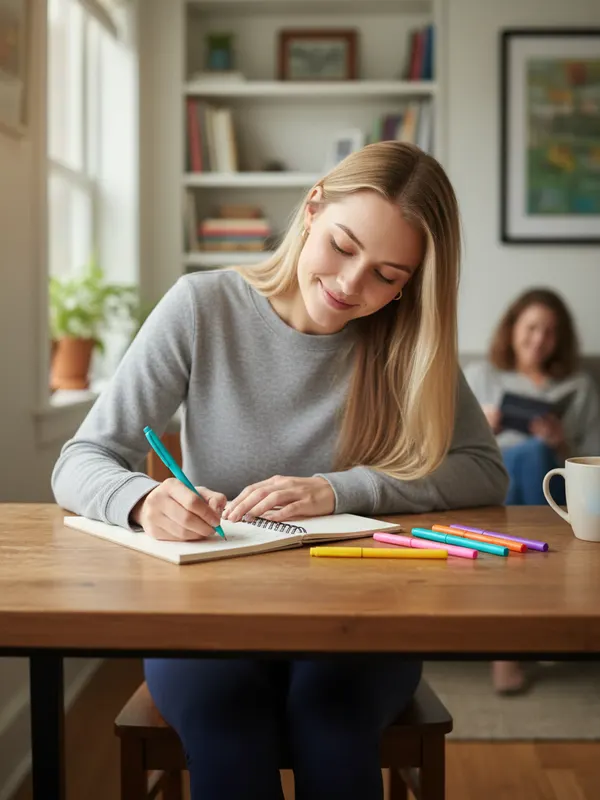 Maya, an AI character, writing a lesson plan in a notebook with colourful pens (AI-generated image)