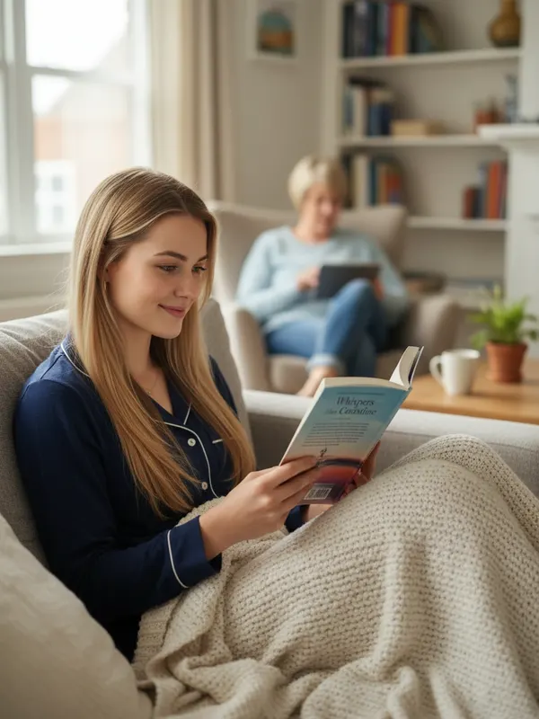 Maya, an AI character, curled up on the sofa reading a book with a blanket (AI-generated image)