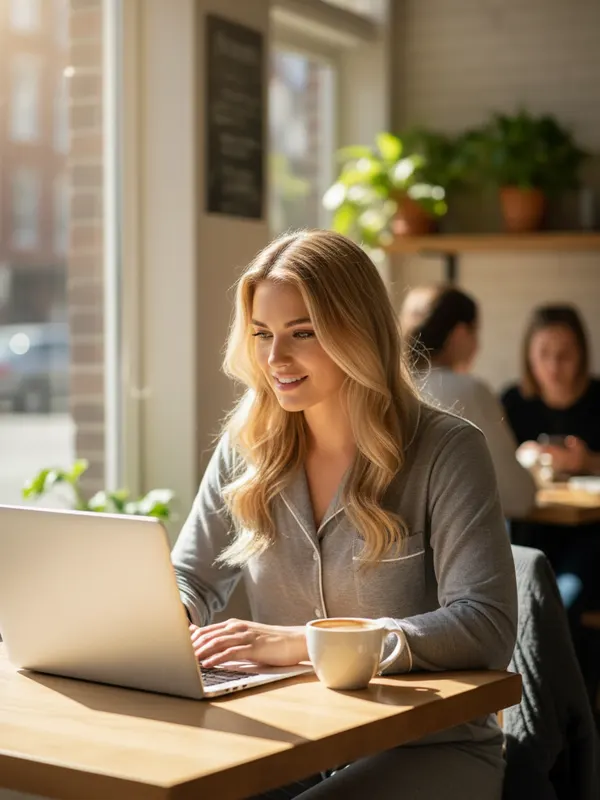 Mia, an AI character, editing photos on a laptop with a coffee (AI-generated image)