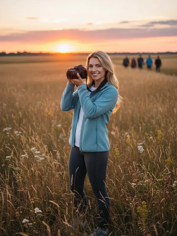 Mia, an AI character, photographing a sunset in a field at golden hour (AI-generated image)
