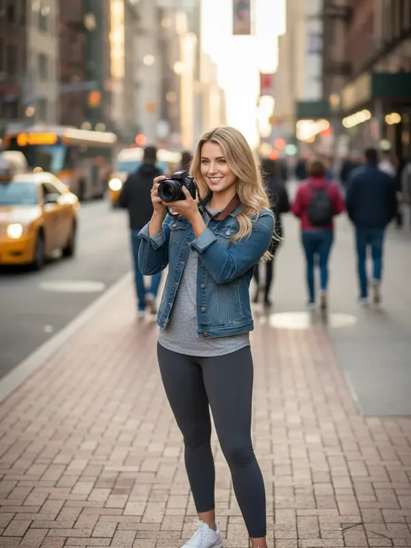 Mia, an AI character, taking photos on a busy city street with her camera (AI-generated image)
