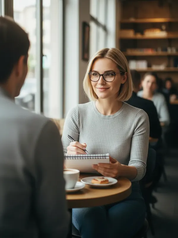 Natalie, an AI character, interviewing someone in a café, taking notes (the other person out of focus) (AI-generated image)