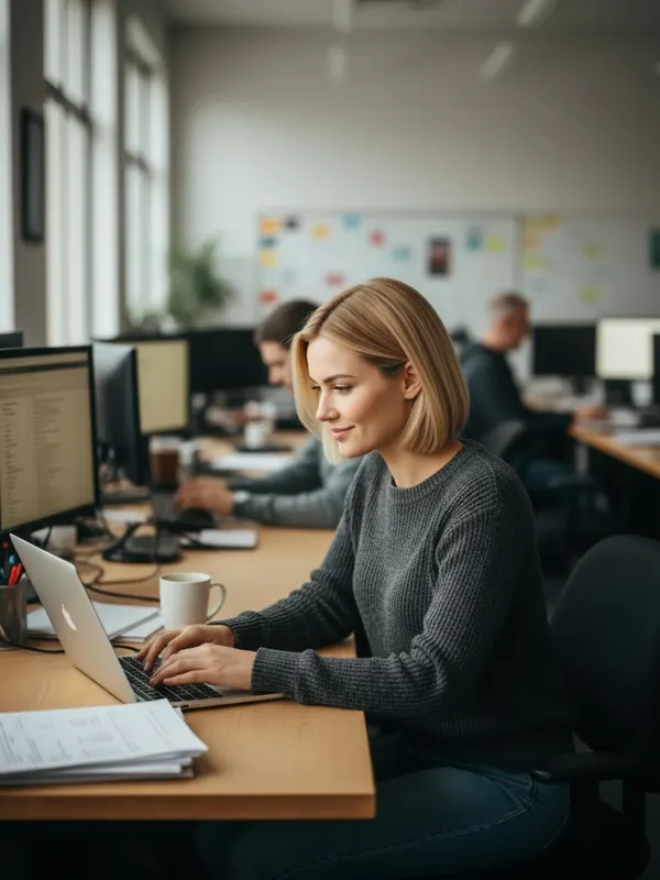 Natalie, an AI character, typing a story on her laptop in a busy newsroom (AI-generated image)