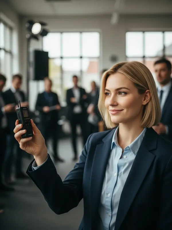 Natalie, an AI character, holding up a voice recorder at a press event (AI-generated image)
