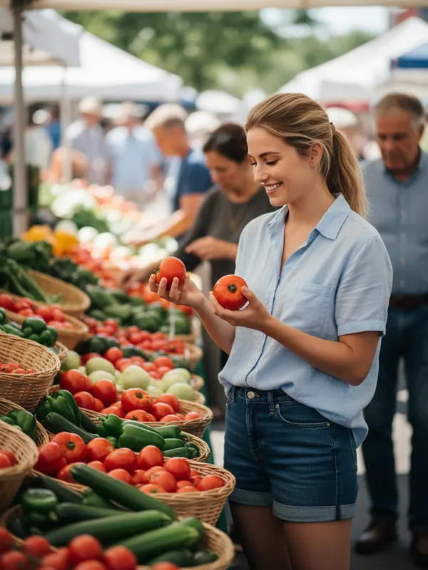 Olivia, an AI character, choosing fresh tomatoes at a farmers' market (AI-generated image)