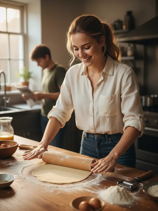 Olivia, an AI character, rolling out fresh pasta dough on a floured counter (AI-generated image)