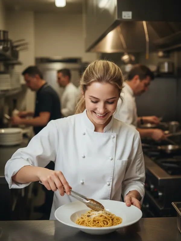 Olivia, an AI character, plating a pasta dish in a busy restaurant kitchen in her chef's whites (AI-generated image)