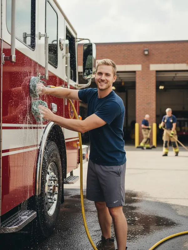 Ryan, an AI character, washing the red fire truck outside the fire station (AI-generated image)