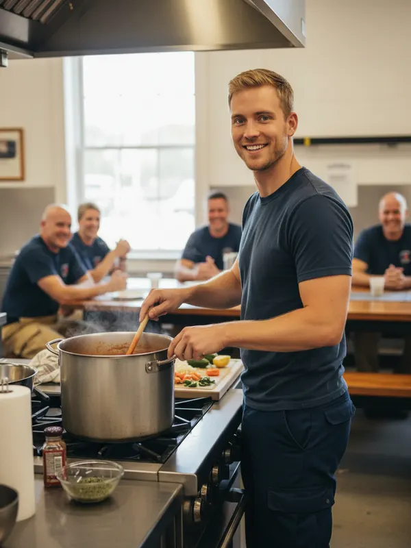 Ryan, an AI character, cooking a big meal for the crew in the fire station kitchen (AI-generated image)