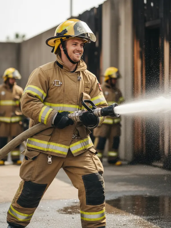 Ryan, an AI character, training with a fire hose in full turnout gear (AI-generated image)