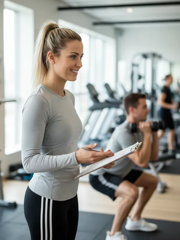 Sophie, an AI character, coaching a client through a workout in a bright gym, holding a clipboard (AI-generated image)