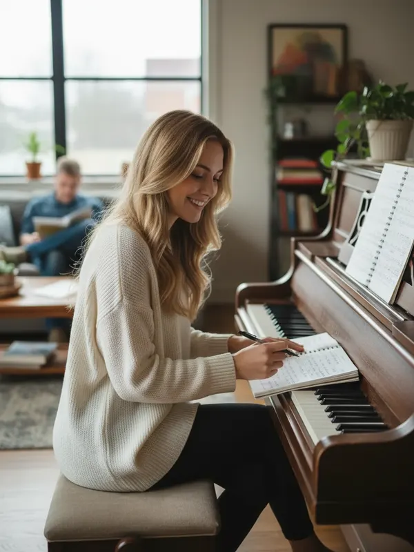 Zoe, an AI character, writing a song at a piano with a notebook (AI-generated image)